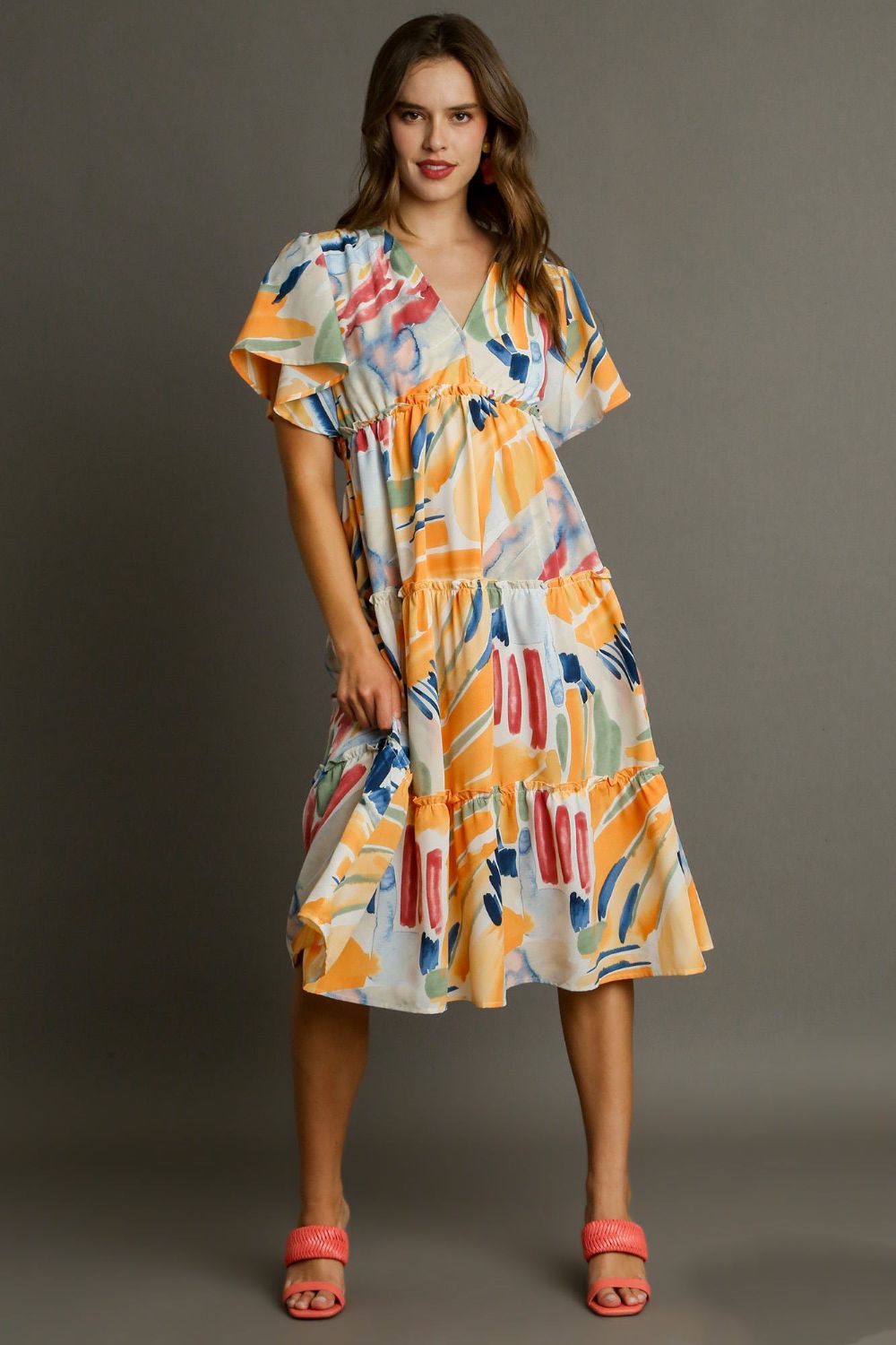 Umgee Full Size Abstract Print Flutter Sleeve Frill Tiered Midi Dress