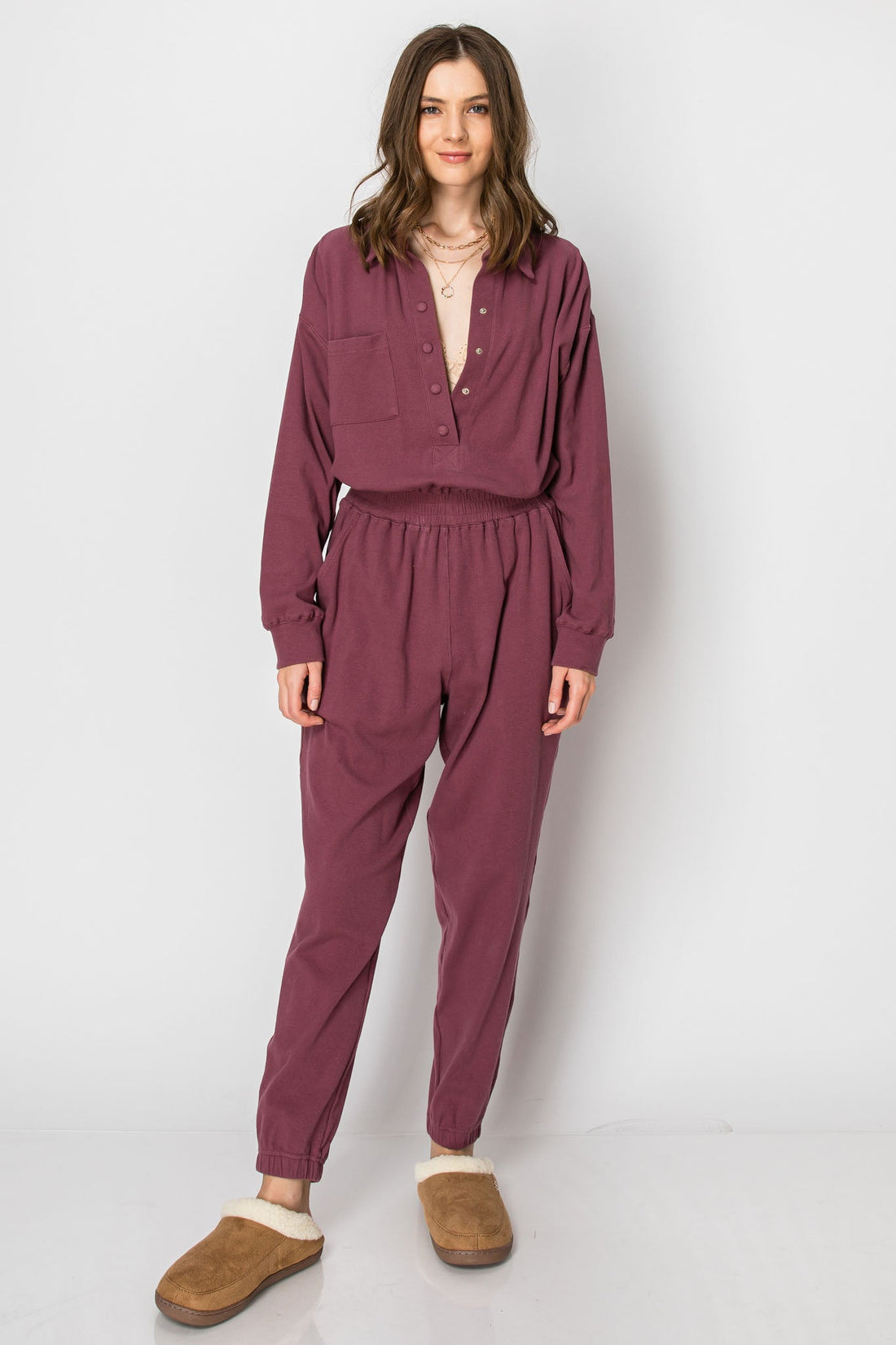 LONG SLEEVE COTTON RIBBED SNAP BUTTON COLLARED JUMPSUIT