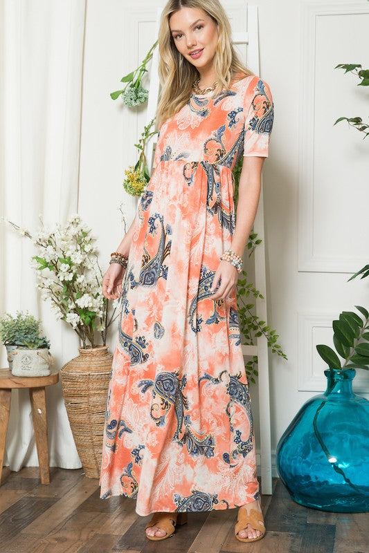 Celeste Paisley Print Short Sleeve Maxi Dress with Pockets