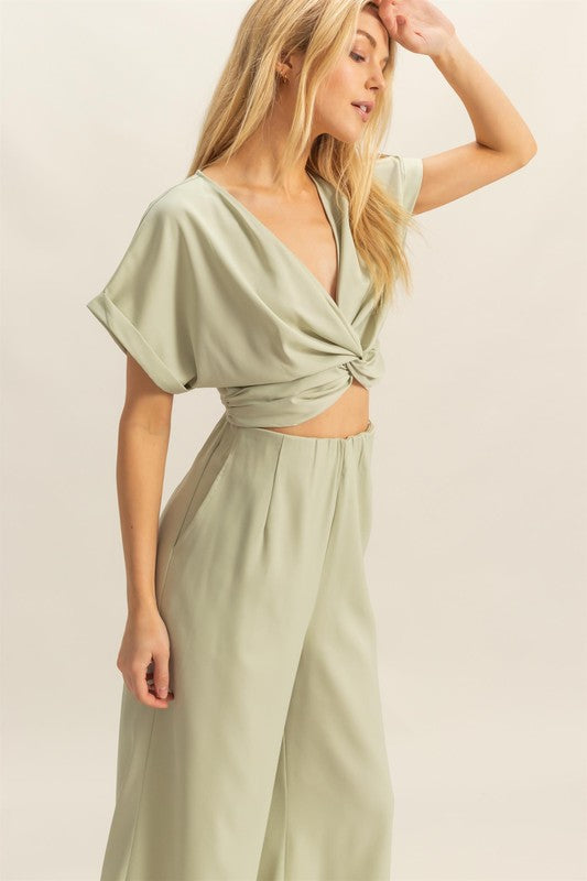 HYFVE Twisted Front Short Sleeve Top and Wide Leg Pants Set